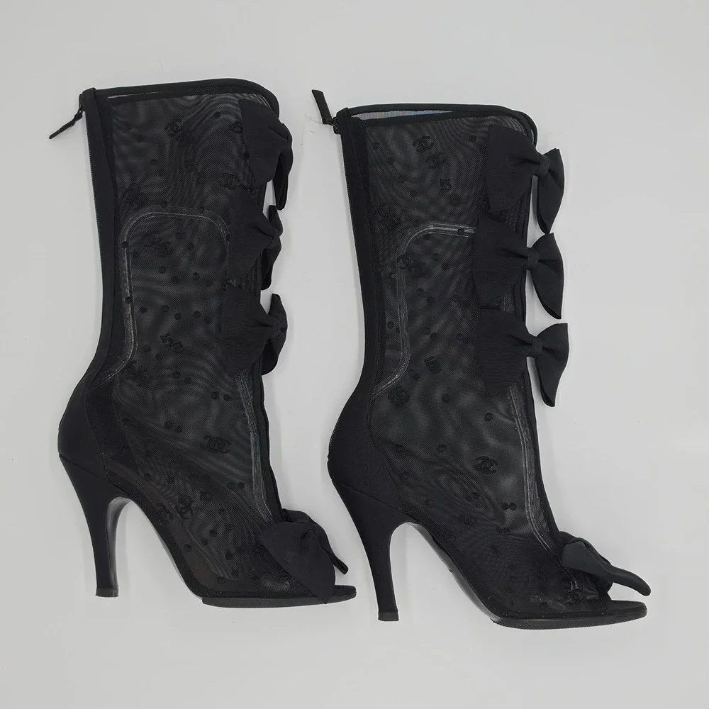 Chanel Black Mesh CC Logo Bow Peep Toe Mid Calf Stiletto Boots 36.5 C Italy